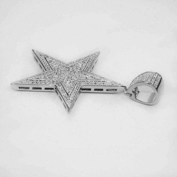 Solid 925 Silver Real Hip Hop Diamond Star Pendant - Picture 2 of 5
